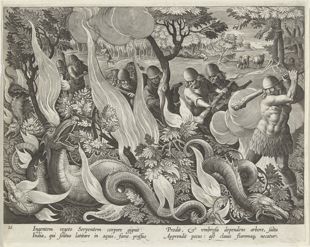 Käärmeiden pyydystäminen Intiassa mailoilla ja soihtuilla aluskasvillisuuden valaisemiseen, levy 44 Venationes Ferarum, Avium, Piscium (Metsästys: Wild Beasts, Birds, Fish) pubista. 1640 tekijältä Jan van der 1523 1605 Straet