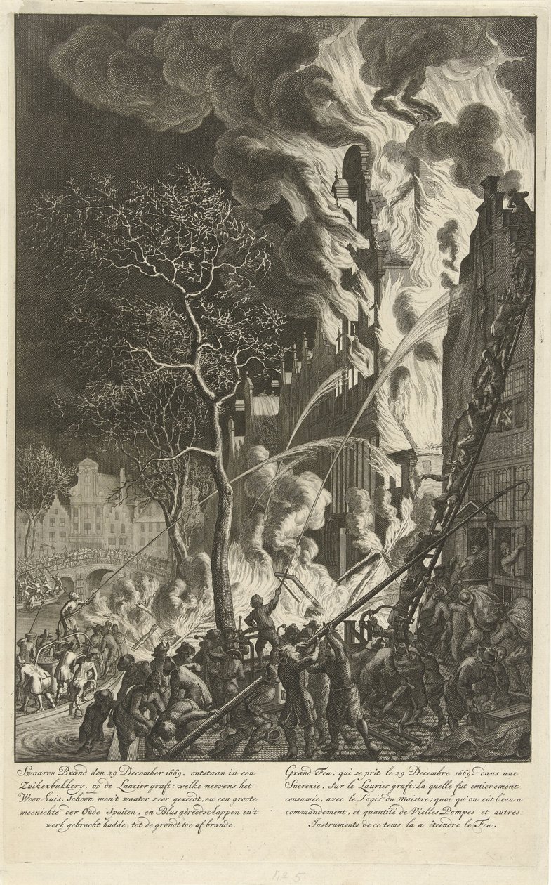 Tuli Lauriergrachtissa Amsterdamissa, 1669 Raskas tulipalo 29. joulukuuta 1669. sai alkunsa sokerileipomossa, Laurier-oksalla (…) / Grand feu, qui se prit le 29. joulukuuta 1669. dans une sucrerie, sur le Laurier graft (…) (otsikko esineessä) tekijältä Jan van der Heyden (attributed to)