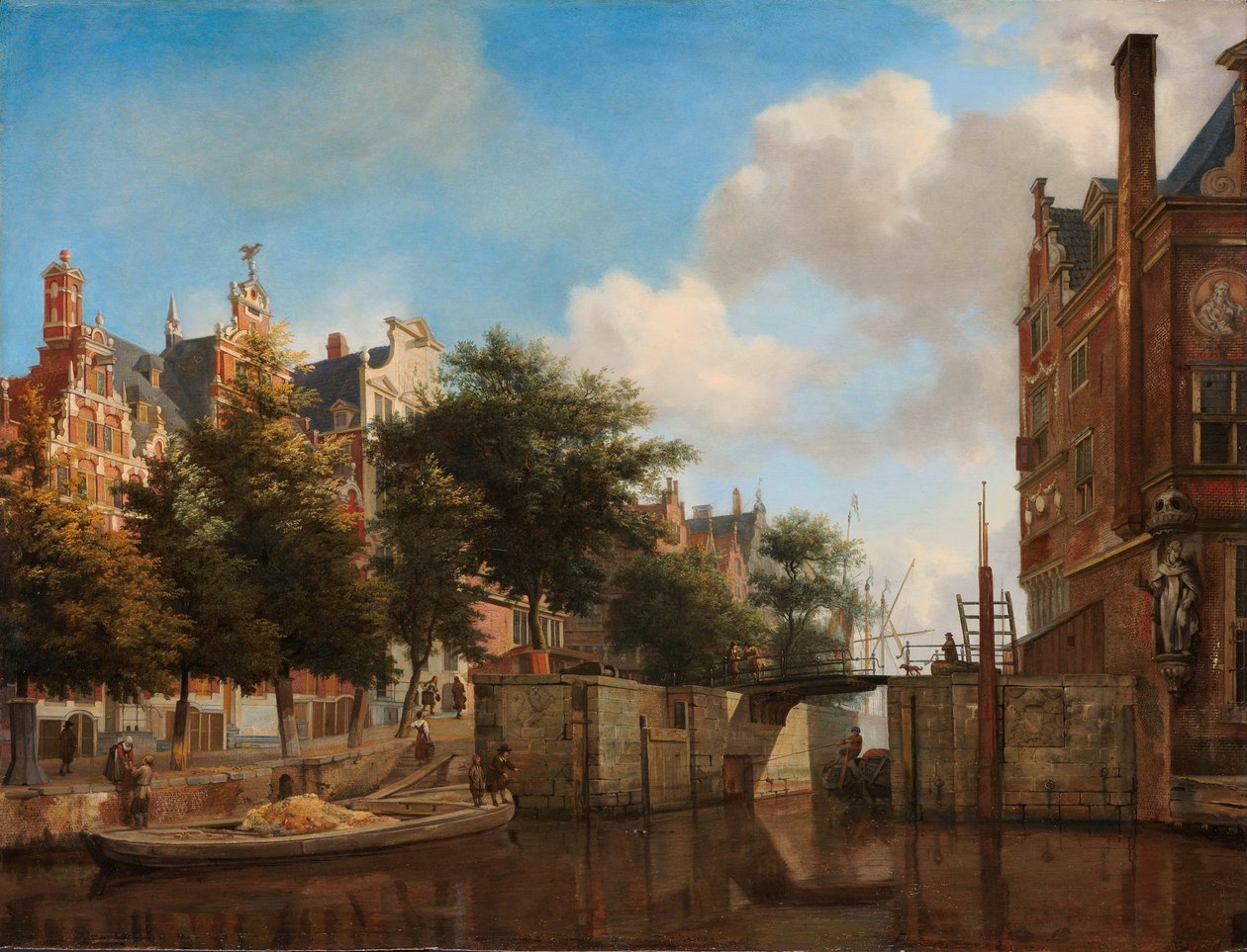 Amsterdamin kaupunkinäköala taloilla Herengrachtilla ja vanhalla Haarlemmersluis-kadulla Nieuwe Zijds Voorburgwal ja Oude Haarlemmersluis, Amsterdam (jossa on topografiset vapaudet) tekijältä Jan van der Heyden