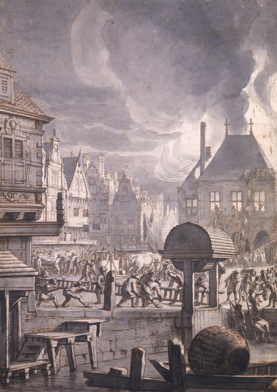 Tulipalo Amsterdamin vanhassa kaupungintalossa, 17. heinäkuuta 1652 (kynä ja muste ja wc paperilla) tekijältä Jan van der Heyden