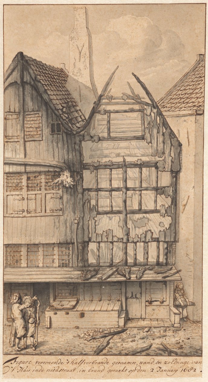 Kaksi palanutta taloa Oude Nieuwstraatilla, 1682 tekijältä Jan van der Heyden