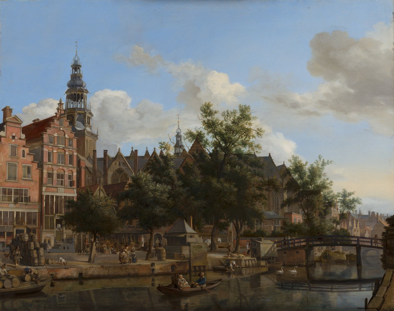 Näkymä Oudezijds Voorburgwalista Oude Kerkin kanssa Amsterdamissa, n. 1670 (öljy paneelissa) tekijältä Jan van der Heyden
