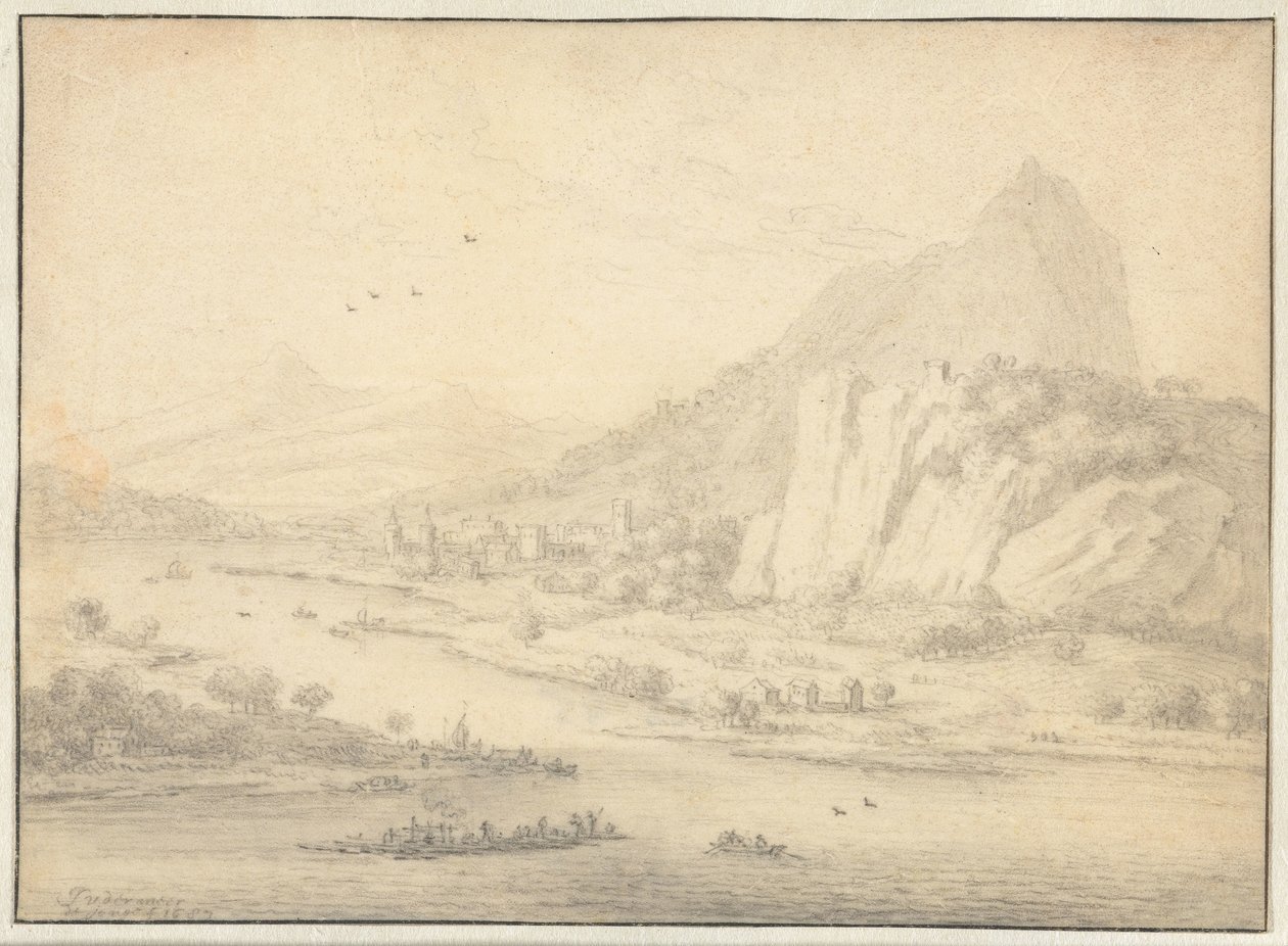 Vuoristoinen jokimaisema veneillä tekijältä Jan van der Meer (II)