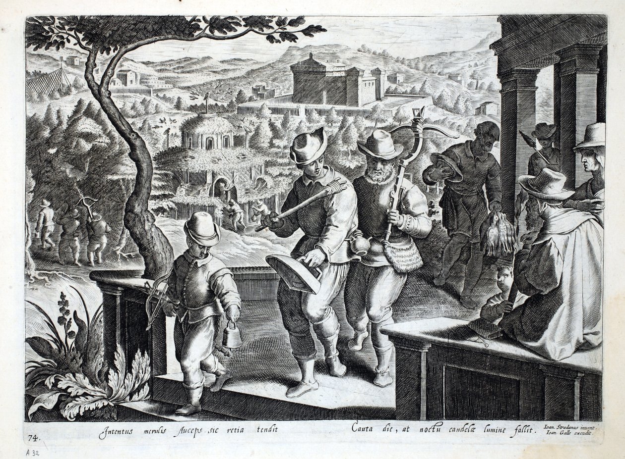 Lintujensieppaajat lähtevät pyytämään mustarastaita, kuvitus julkaisusta "Venationes, Ferarum, Avium, Piscium" (Metsästys: Wild Beasts, Birds, Fish), kaiverrettu Jan Collaert (1566-1628), pub. kirjoittanut Phillipus Gall tekijältä Jan van der Straet