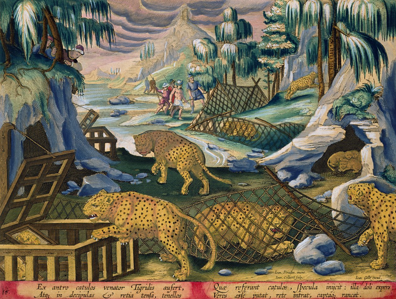 Leopardien vangitseminen verkoilla ja peileillä varusteltujen häkkien avulla, levy 15 teoksesta "Venationes Ferarum, Avium, Piscium" (Metsästys: pedot, linnut, kalat), kaiverrettu Jan Collaert (1566-1628) p. tekijältä Jan van der Straet