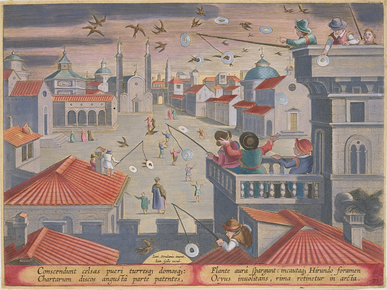 Pääskysten vangitseminen peililevyillä, joissa on reikiä, levy 77 julkaisusta "Venationes Ferarum, Avium, Piscium" (Metsästys: Wild Beasts, Birds, Fish), kaiverrettu Jan Collaert (1566-1628), julkaisija Phillipu tekijältä Jan van der Straet
