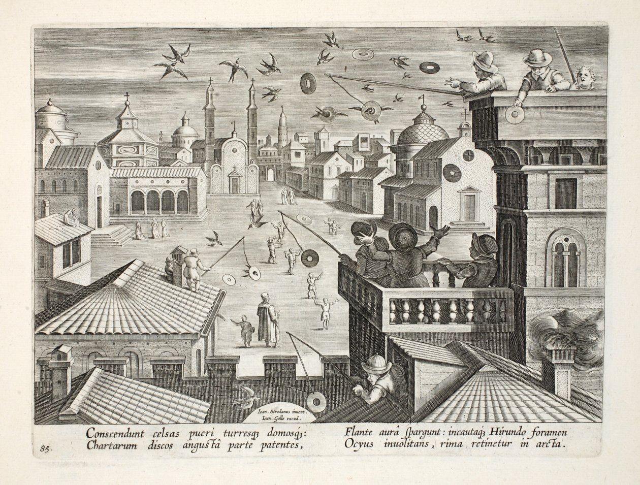 Pääskysten vangitseminen peililevyillä, joissa on reikiä, levy 77, kuva julkaisusta "Venationes, Ferarum, Avium, Piscium" (Metsästys: Wild Beasts, Birds, Fish), kaiverrus Jan Collaert (1566-1628), pub. tekijältä Jan van der Straet