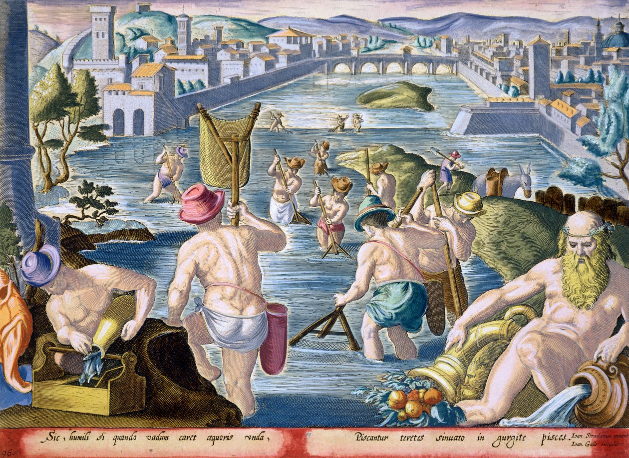 Kalastus matalissa vesissä verkoilla, levy 96 julkaisusta "Venationes Ferarum, Avium, Piscium" (Metsästys: Wild Beasts, Birds, Fish), kaivertanut Jan Collaert (1566-1628), julkaisija Phillipus Gallaeus of tekijältä Jan van der Straet