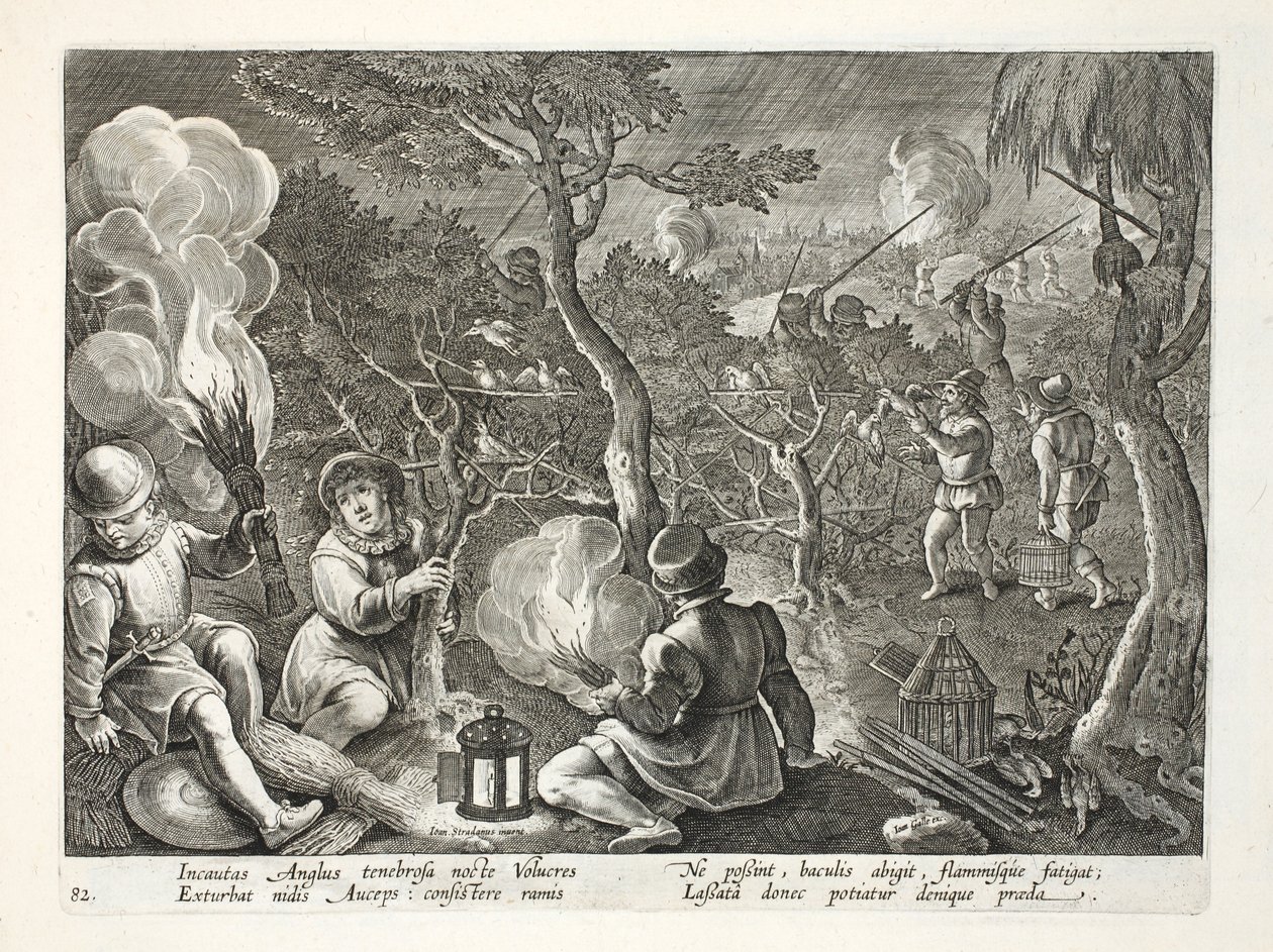 Linnunpyytäjiä pyydystämässä lintuja yöllä, kuvitus teoksesta "Venationes, Ferarum, Avium, Piscium" (Metsästyksestä: villieläimet, linnut, kalat), kaiverrettu Jan Collaertin (1566-1628) toimesta, julkaisija Phillipus Gallaeus, Amste. tekijältä Jan van der Straet