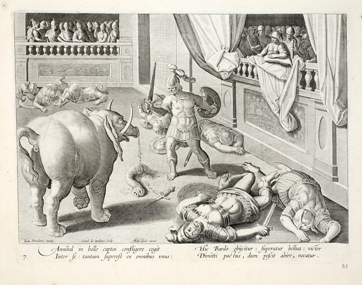 Hannibal panee kukistetut roomalaiset taistelemaan toisiaan vastaan, kuvitus teoksesta "Venationes, Ferarum, Avium, Piscium" (Metsästyksestä: villieläimet, linnut, kalat), kaiverrettu Jan Collaertin (1566-1628), julkaisija Phillipus. tekijältä Jan van der Straet