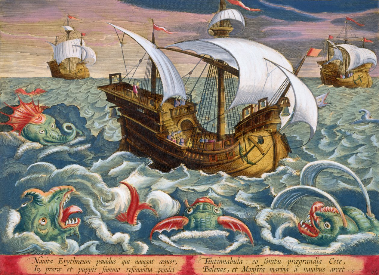 Merieläinten metsästys, levy 84 julkaisusta "Venationes Ferarum, Avium, Piscium" (Metsästys: Wild Beasts, Birds, Fish), kaiverrettu Jan Collaert (1566-1628), julkaisija Phillipus Gallaeus of Amsterdam (käsin) tekijältä Jan van der Straet