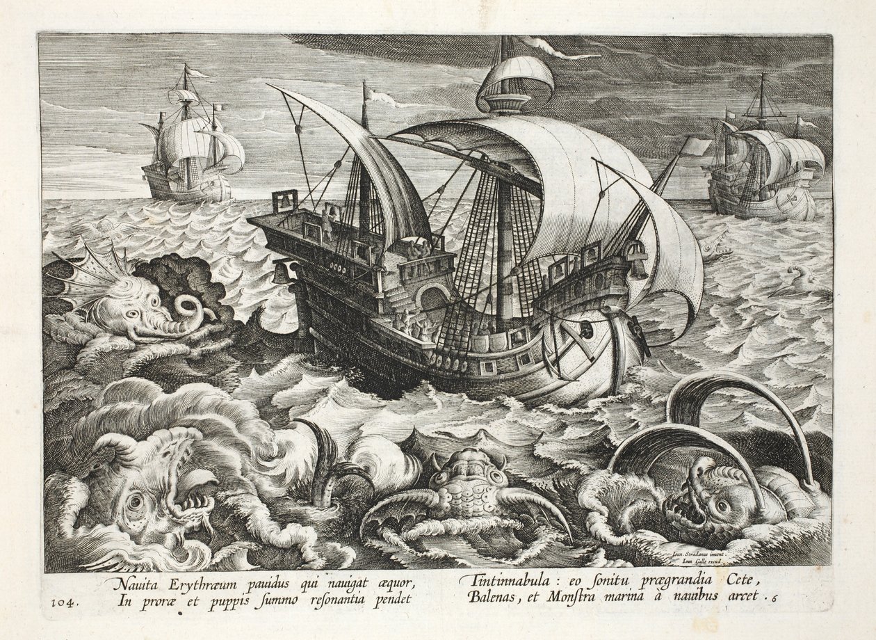 Merieläinten metsästys, levy 84, kuvitus teoksesta "Venationes, Ferarum, Avium, Piscium" (Metsästys: Wild Beasts, Birds, Fish), kaiverrus Jan Collaert (1566-1628), pub. kirjoittanut Phillipus Gallaeus, Amste tekijältä Jan van der Straet