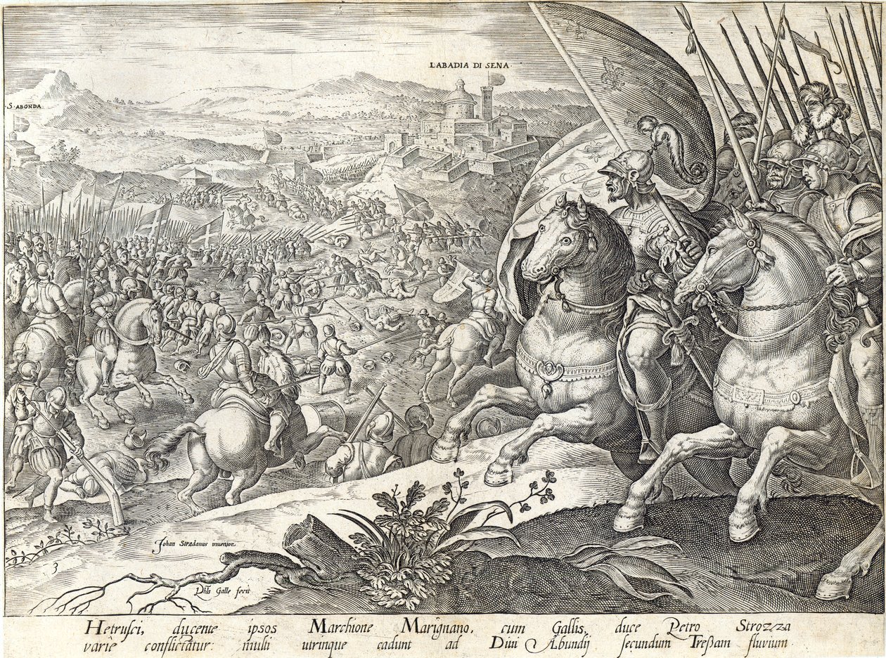 Labadia si Senan ja St. Abondan taistelu, levy 3 "The History of the Medici" -teoksesta, kaiverrus Philip Galle (1537-1612), n. 1583 tekijältä Jan van der Straet