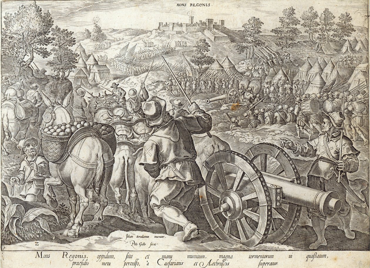 Mons Regionisin taistelu, levy "The History of the Medici" -kirjoituksesta, kaiverrus Philip Galle (1537-1612), n. 1583 tekijältä Jan van der Straet