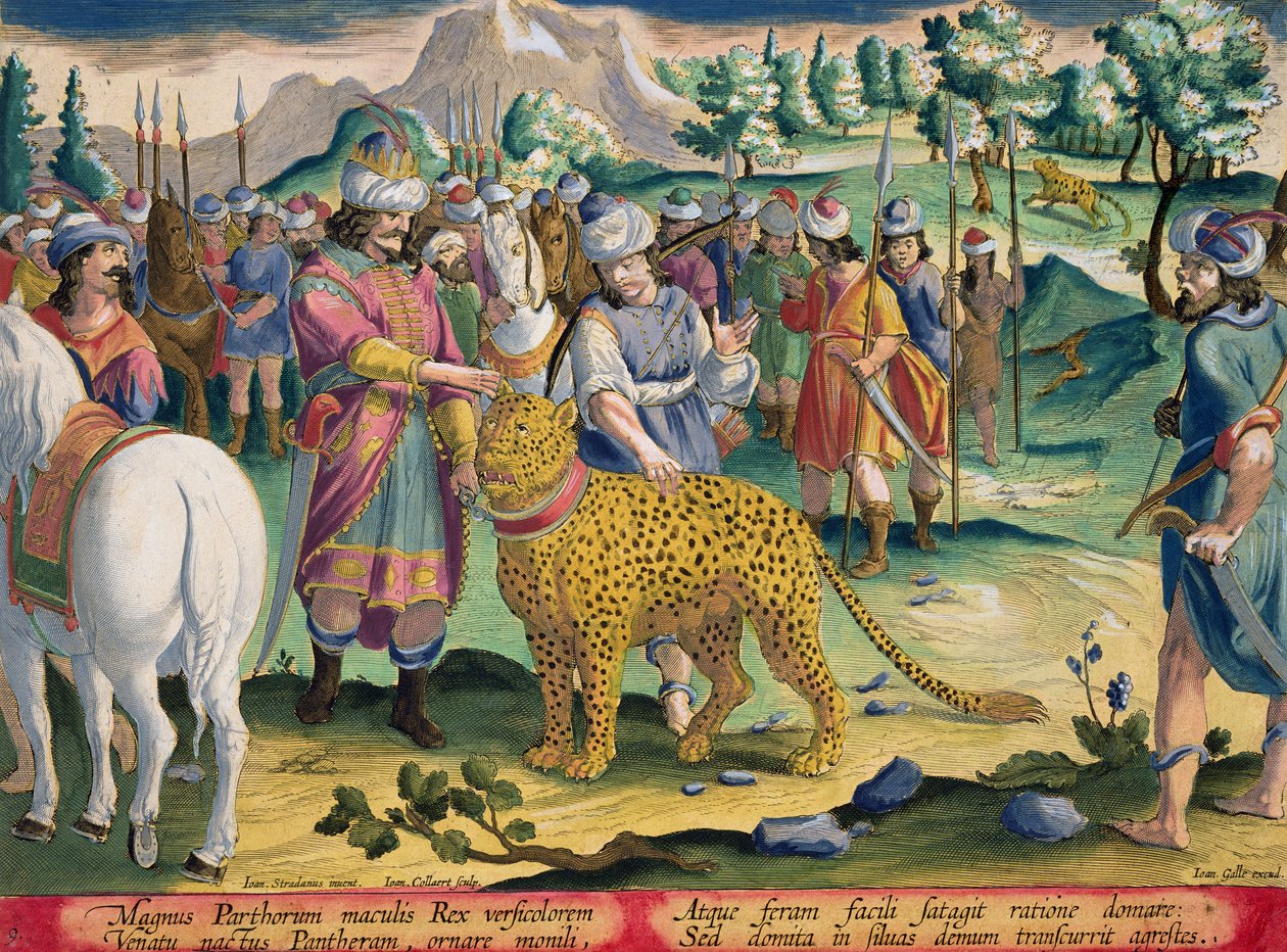 Parthialaisten suuri kuningas metsästää kesytetyillä panttereillaan, levy 9 julkaisusta "Venationes Ferarum, Avium, Piscium" (Metsästys: Wild Beasts, Birds, Fish), kaiverrettu Jan Collaert (1566-1628), julkaisija tekijältä Jan van der Straet