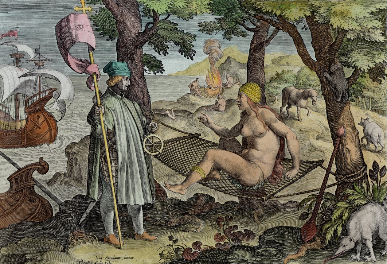 Vespucci Discovering America, Theodor Gallen (1571-1633) kaivertaman Nova Repertan (Uudet löydöt) levy 2 n. 1600 (myöhempi väritys) tekijältä Jan van der Straet