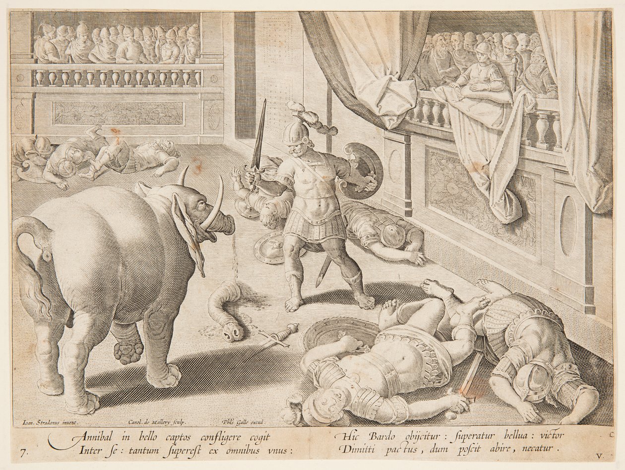 Roomalainen sotilas taistelee Hannibalin elefantteja vastaan, pl. 7 Game, Birds and Fish -sarjassa tekijältä Jan van der Straet, called Stradanus