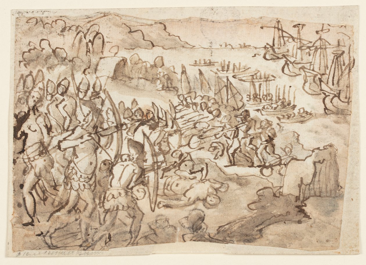 Filippiinien valloitus, Stradanuksen pojan Scipionen toteuttaman grisille-maalauksen alustava suunnitelma espanjalaisen Philip II:n muistolle, San Lorenzossa Firenzessä 12. marraskuuta 1598 tekijältä Jan van der Straet, called Stradanus