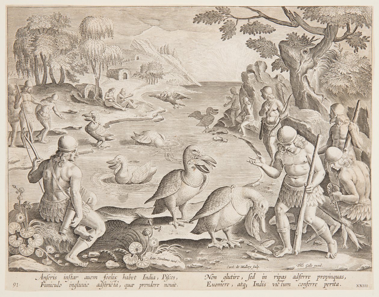 Intiaanit pyydystävät kaloja Pelicansin avulla, lautanen 23 Game of Game, Birds and Fish -sarjassa tekijältä Jan van der Straet, called Stradanus