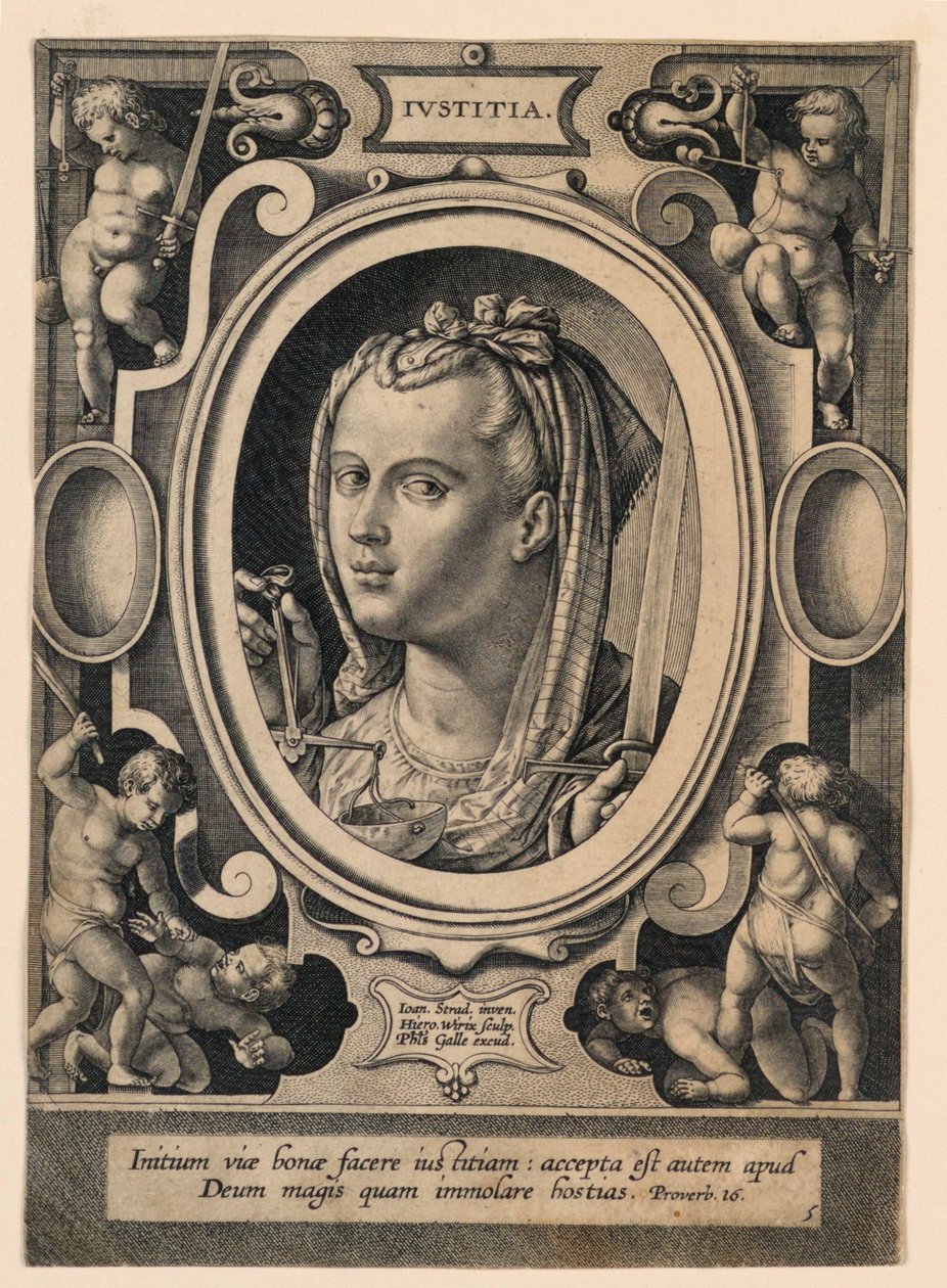 Oikeus (Justice), levy 5 "Virtutum theologicarum et cardinaliumista" tekijältä Jan van der Straet, called Stradanus