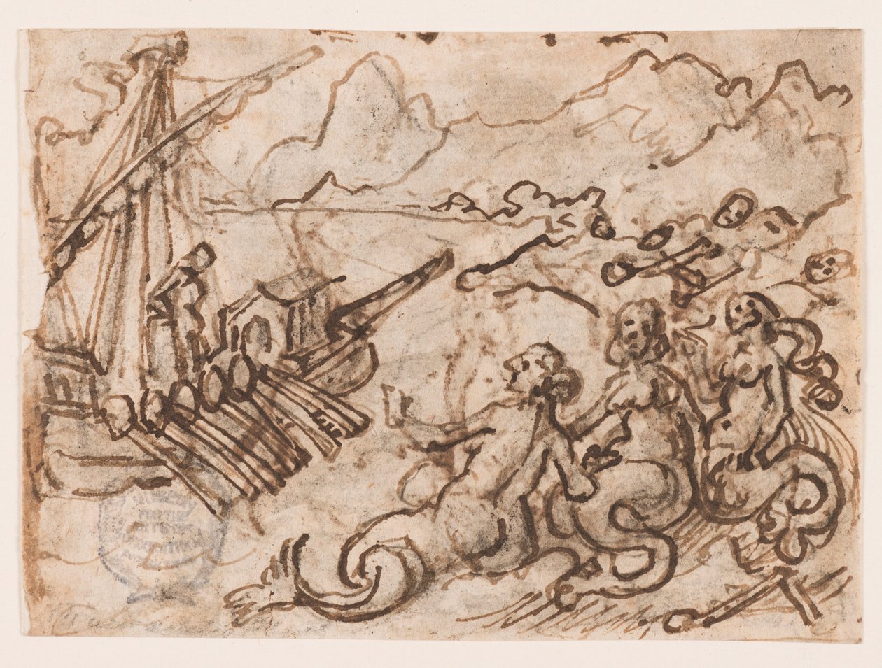 Luonnoskirjan sivu: Ulysses ohittaa sireenit (recto); Ulysses in the Underworld (verso) tekijältä Jan van der Straet, called Stradanus