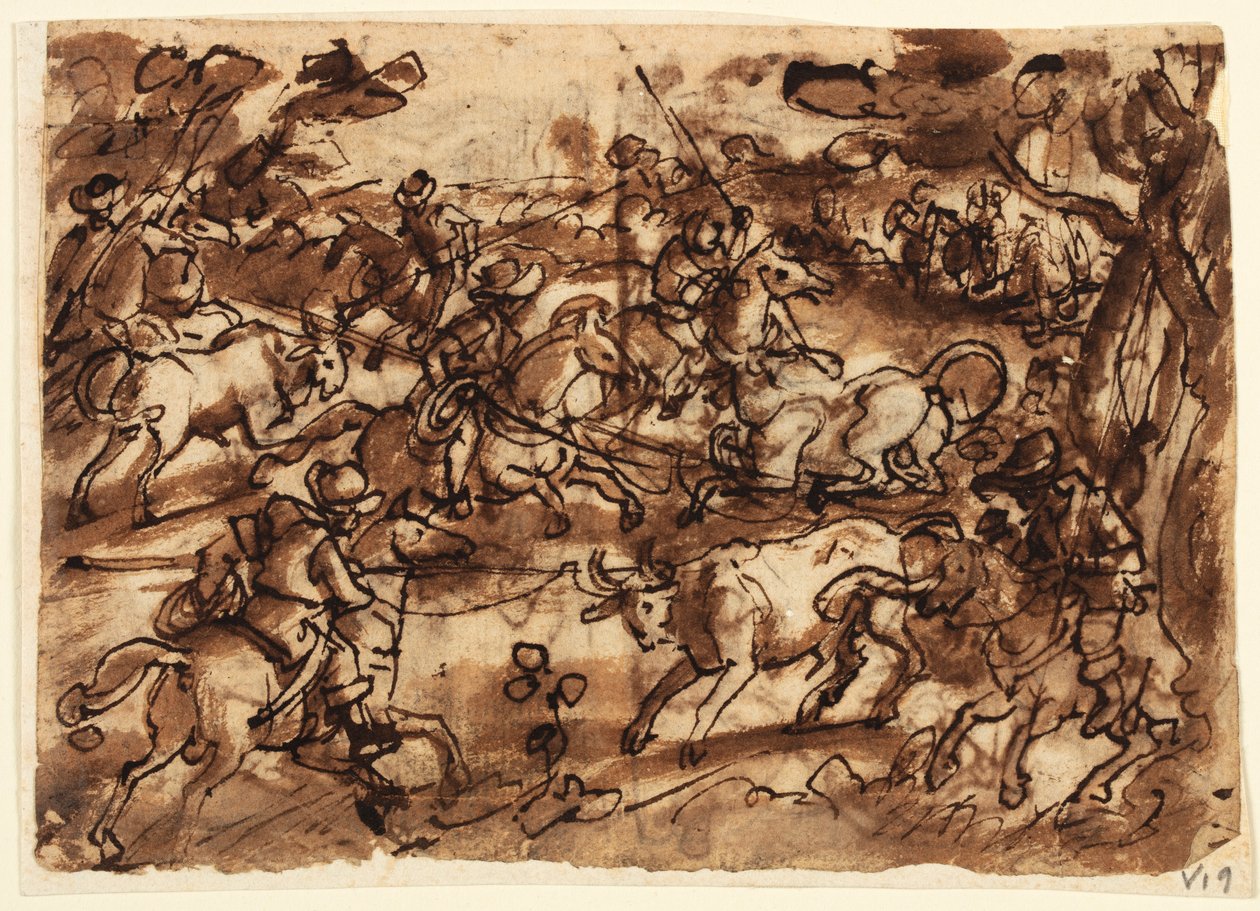 Recto: Häränmetsästys Lassojen kanssa; Verso, yllä: Karhunmetsästys, Men in Armour; Verso, alla: Hunting Monkeys by Deception; kaikki alustavat mallit Venationes-sarjaan tekijältä Jan van der Straet, called Stradanus