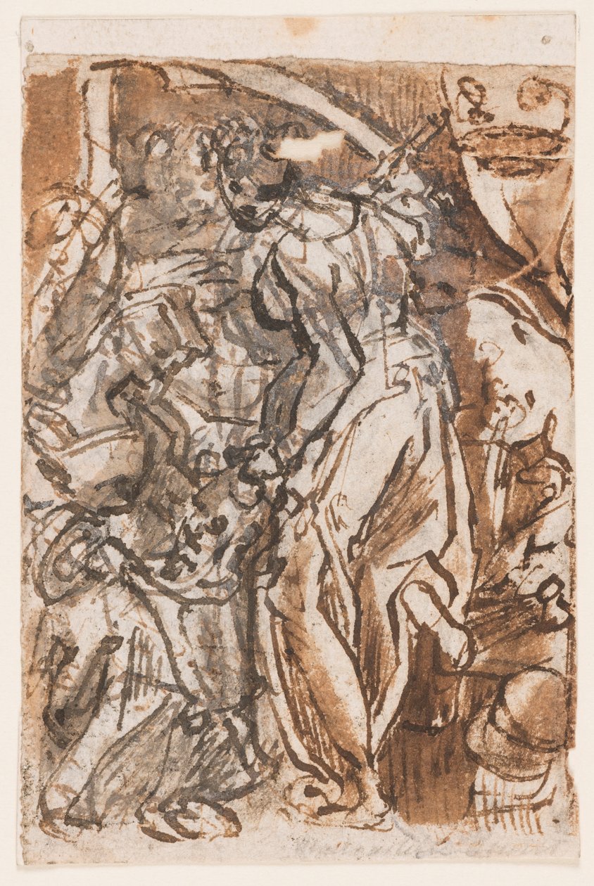 Recto: Judith Holofernesin pään kanssa; Verso: Seven Planets -tulostussarjan nimikilven alustava suunnittelu tekijältä Jan van der Straet, called Stradanus