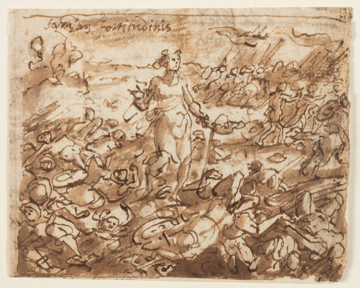 Recto: Simson, voitettuaan filistealaiset, juo vettä aasin leukaluusta, alustava suunnittelu "Spiritus Fortitudines" (The Spirit of Strength), levy 4 "Pyhän hengen seitsemän lahjaa" -printtisarjassa. Verso: peitetty kirjoitus tekijältä Jan van der Straet, called Stradanus