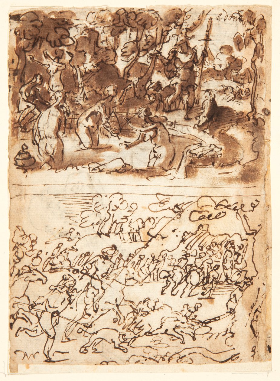 Recto, edellä: Diana ja Actaeon; Recto, alla: Karjun metsästys; Verso, yllä: tutkimukset kahdesta urospäästä; Verso, alla: Annan ja Joakimin tapaaminen Kultaisella portilla, Kristus-lapsen ympärileikkaus tekijältä Jan van der Straet, called Stradanus