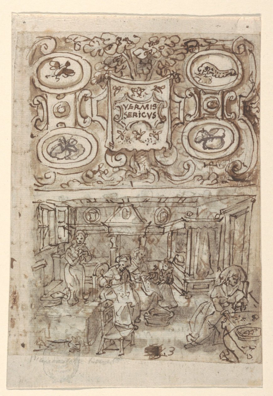 Recto, edellä: Vermis Sericuksen ("Silkkiäistoukkien esittely") -tulostussarjan nimisivun alustava suunnittelu; Recto, alla: Esisuunnittelu pl. 3 (The Incubation of Silkworm Eggs); Verso, edellä: Epätäydellinen alustava suunnittelu otsikkosivulle tekijältä Jan van der Straet, called Stradanus