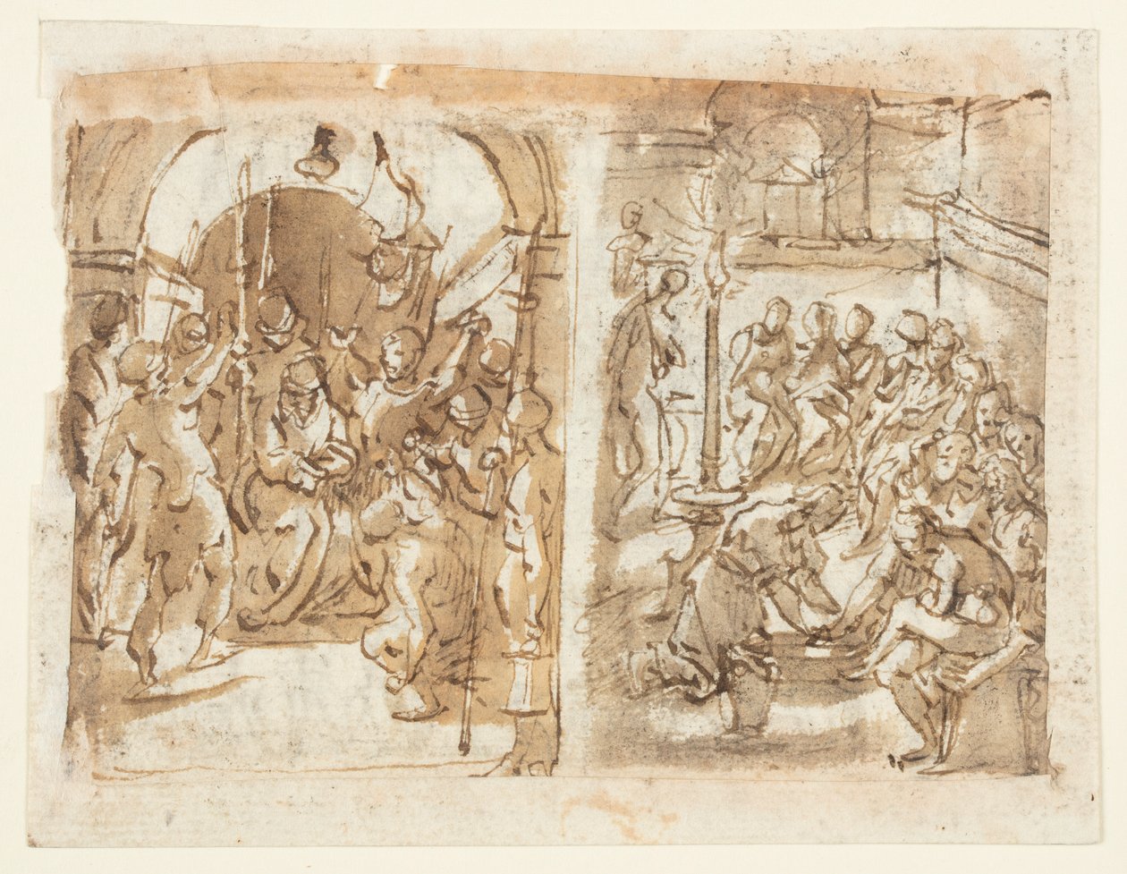 Recto, vas.: Kristuksen pilkkaaminen; Recto, oikealla: Kristus pesee apostolien jalkoja ; Verso: Skotlannin kuningattaren Maria Stuartin teloitus vuonna 1587 tekijältä Jan van der Straet, called Stradanus