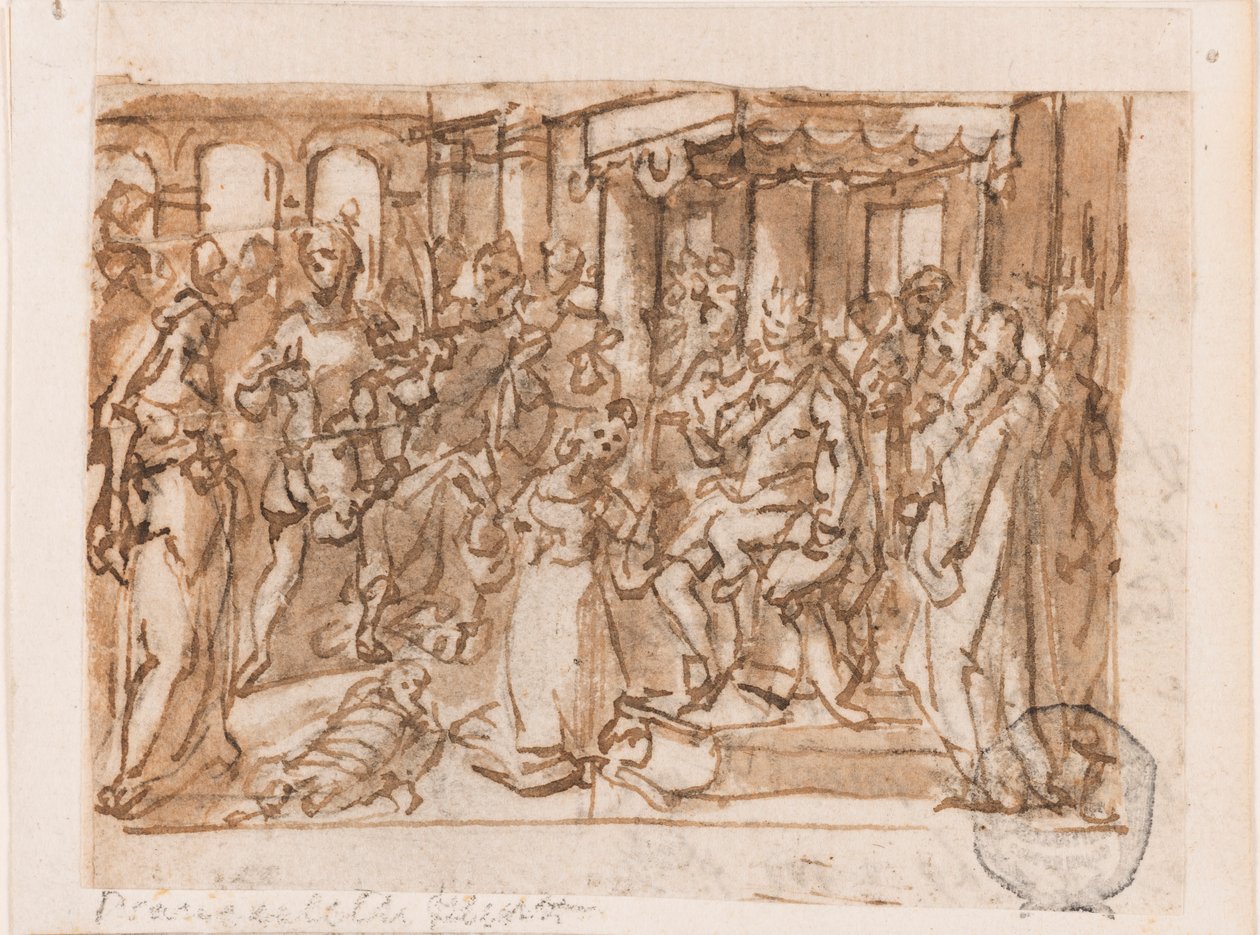 Salomon tuomio, alustava suunnittelu teokselle "Spiritus Sapientiae" (Viisauden henki), levy 1 "Seitsemän Pyhän Hengen lahjaa" -tulostussarjassa tekijältä Jan van der Straet, called Stradanus