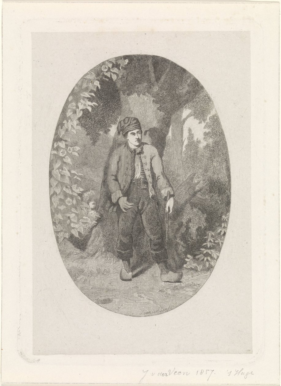 Mies puun vieressä metsässä tekijältä Jan van der Veen (prentmaker)