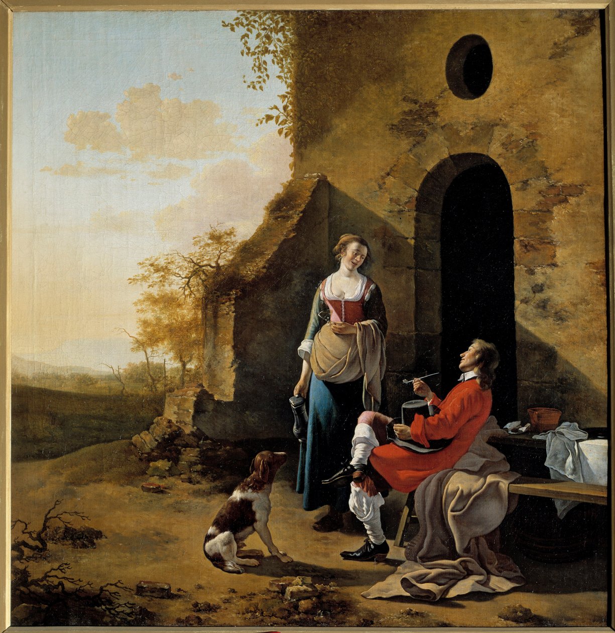 Upea keskustelu majatalon sisäänkäynnillä Jan Van der Meerin maalaus (1630-1692) tekijältä Jan van der the Elder Meer