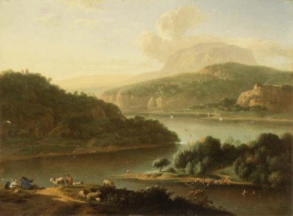 Jokimaisema, jossa etualalla paimen ja talonpoikaisnainen tekijältä Jan van der the Younger Meer