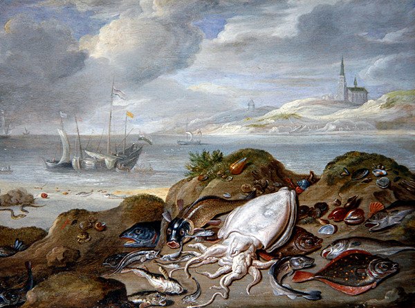 Suistomaisema, jossa on kaloja dyynillä (öljy kuparille) tekijältä Jan van the Elder Kessel
