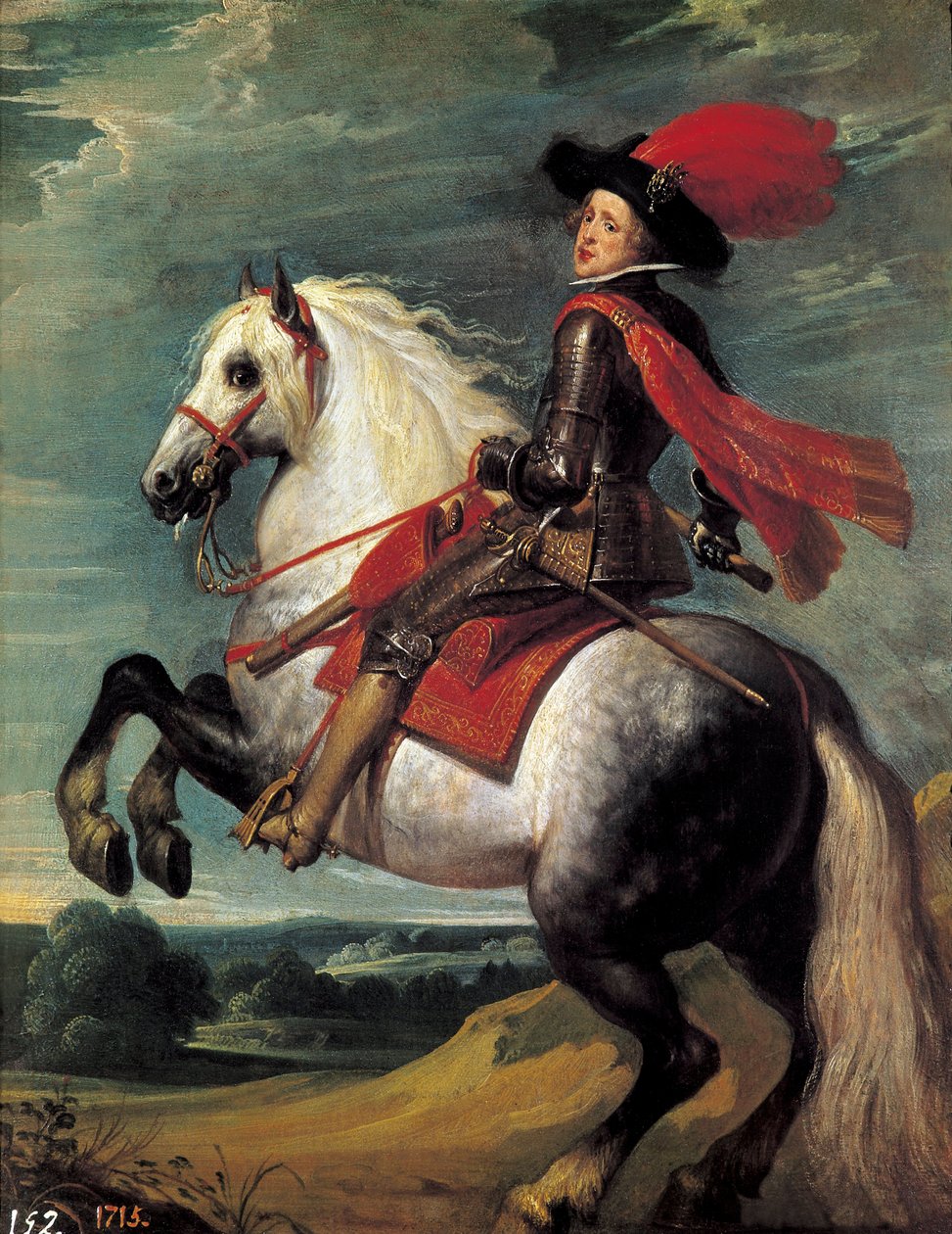 Philip IV:n ratsastusmuotokuva. Philip IV (1605-1665), Espanjan kuningas edustettuna 20-vuotiaana. Jan van Kesselin maalaus I dit Le Vieux (1626-1679) tekijältä Jan van the Elder Kessel