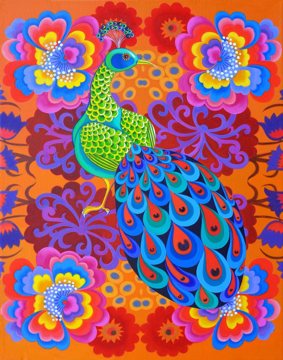 Riikinkukko kukilla, 2015, tekijältä Jane Tattersfield