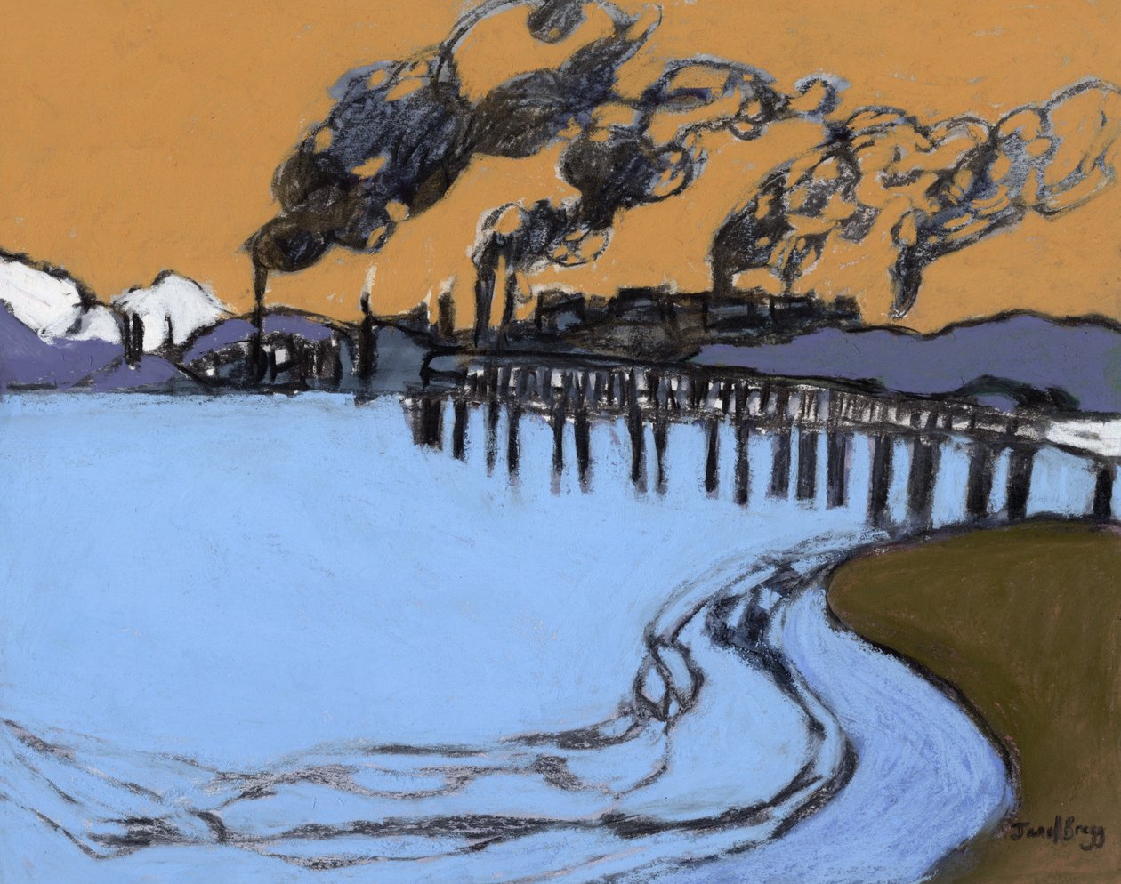 Anacortes Smokeshow, n. 2024 (hiili, akvarelli ja kaseiini paperille). tekijältä Janel Bragg