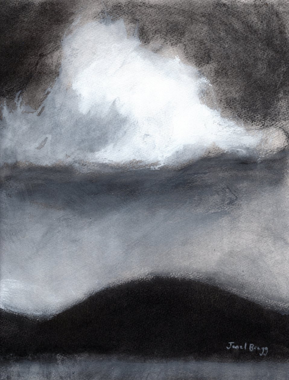Pilvi Guemesin saaren yllä, noin 2020 (hiili, muste ja gesso paperille). tekijältä Janel Bragg