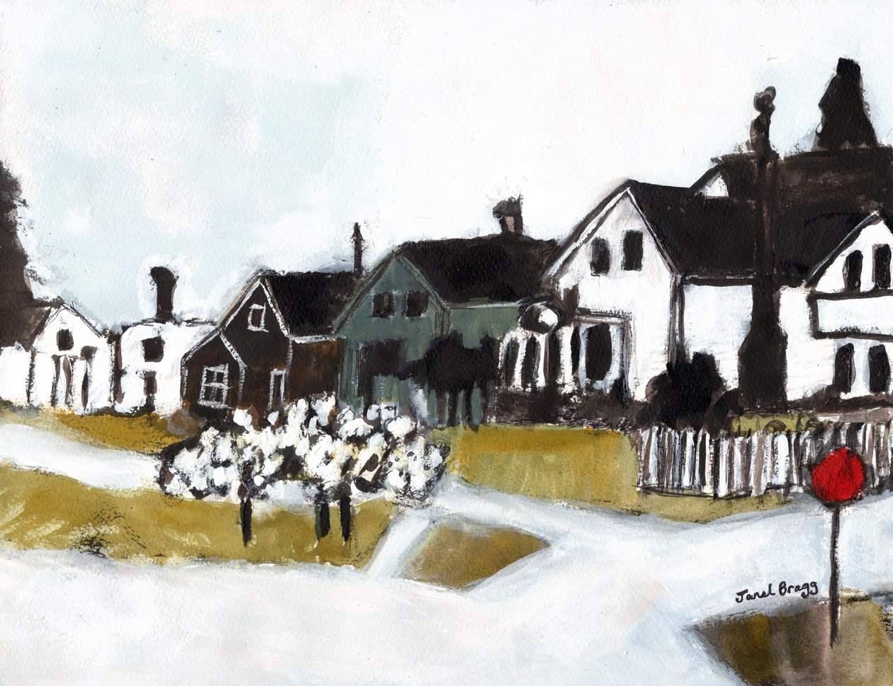 Houses on 7th Street, n.2020 (vesiväri, kaseiini ja hiili paperille). tekijältä Janel Bragg