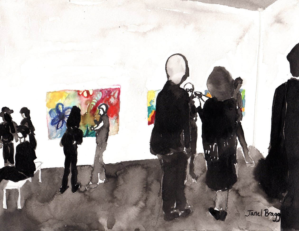My Gallery Opening, noin 2015 (tussi ja akvarelli paperille). tekijältä Janel Bragg