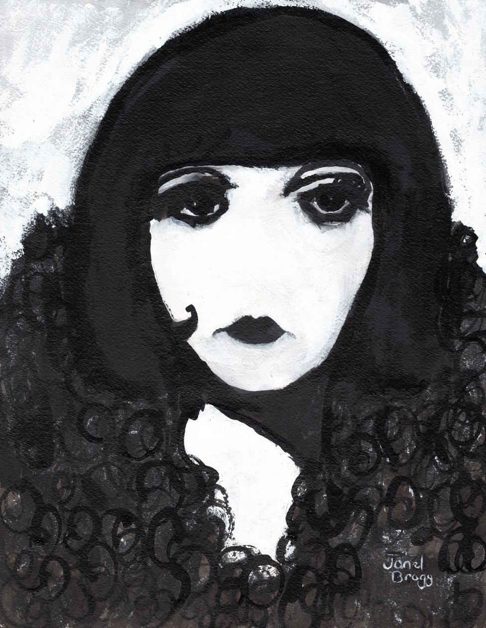 Sireeni tekoturkistakissa, n.2020 (sumi-muste ja gesso paperille). tekijältä Janel Bragg