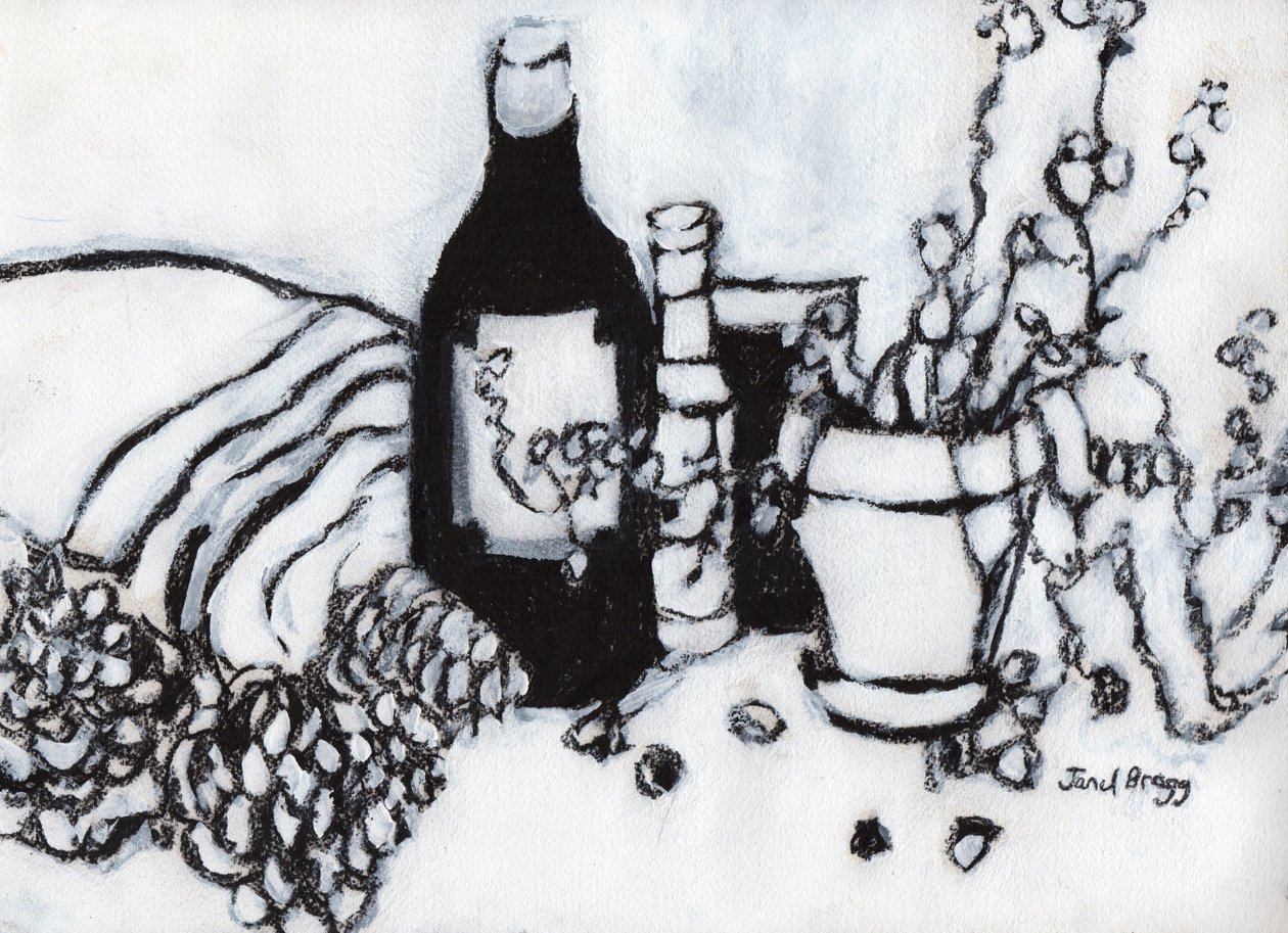 Still Life with Olive Oil and Pine Cones, noin 2017 (hiiltä ja gessoa paperille). tekijältä Janel Bragg