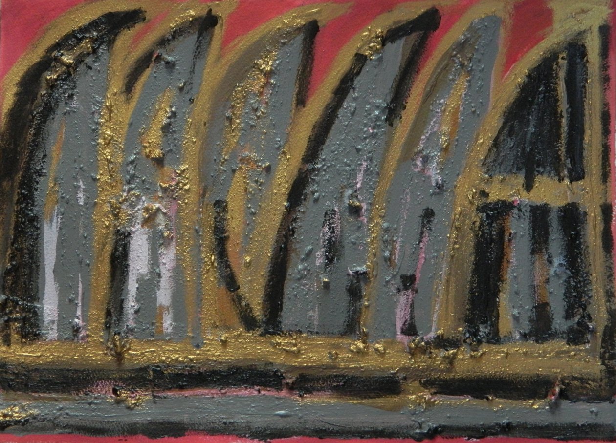 Burning House, 2013 (guassi, puutuhka ja lehtikulta paperilla) tekijältä Janet McKenzie