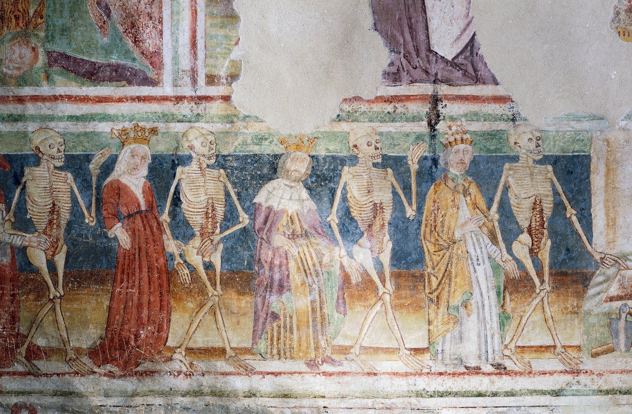 Hrastovljen linnoitettu kirkko, Kolminaisuuden kirkko, Kuolema paavin ja kuningattaren kanssa, Kuoleman tanssi (1490), yksityiskohta Janez Iz Kastvan freskoista, Slovenia tekijältä Janez Kastav