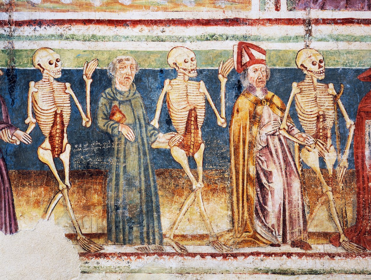 Hrastovljen linnoituskirkko, Kolminaisuuden kirkko, Kuoleman saattaja piispa ja munkki, Kuoleman tanssi (1490), yksityiskohta Janez Iz Kastvan freskoista, Slovenia tekijältä Janez Kastav