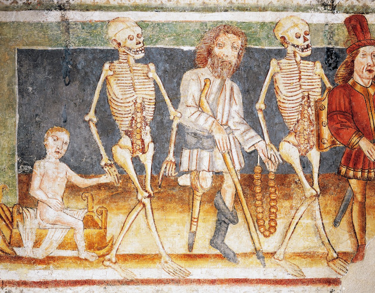 Hrastovljen linnoituskirkko, Kolminaisuuden kirkko, Kuolema lasta ja köyhää, Kuoleman tanssi (1490), yksityiskohta Janez Iz Kastvan freskoista (1490), Slovenia tekijältä Janez Kastav