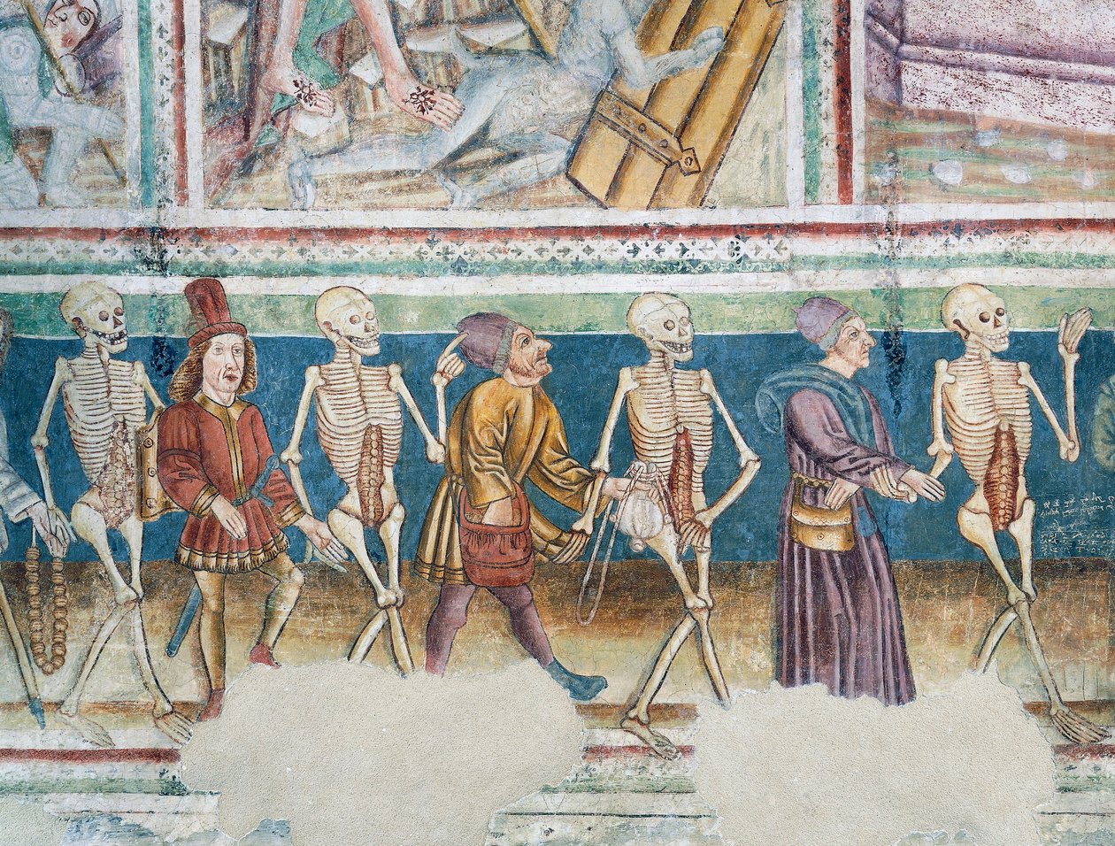 Hrastovljen linnoitettu kirkko, Kolminaisuuden kirkko, Kuoleman saattaja kauppias ja varakas pankkiiri, Kuoleman tanssi (1490), yksityiskohta Janez Iz Kastvan freskoista, Slovenia tekijältä Janez Kastav