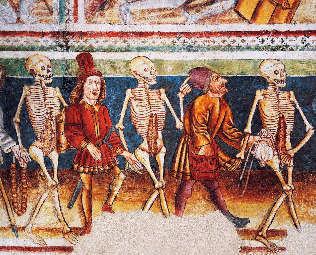 Hrastovljen linnoitettu kirkko, Kolminaisuuden kirkko, Kuoleman saattaja kauppias ja varakas pankkiiri, Kuoleman tanssi (1490), yksityiskohta Janez Iz Kastvan freskoista, Slovenia tekijältä Janez Kastav